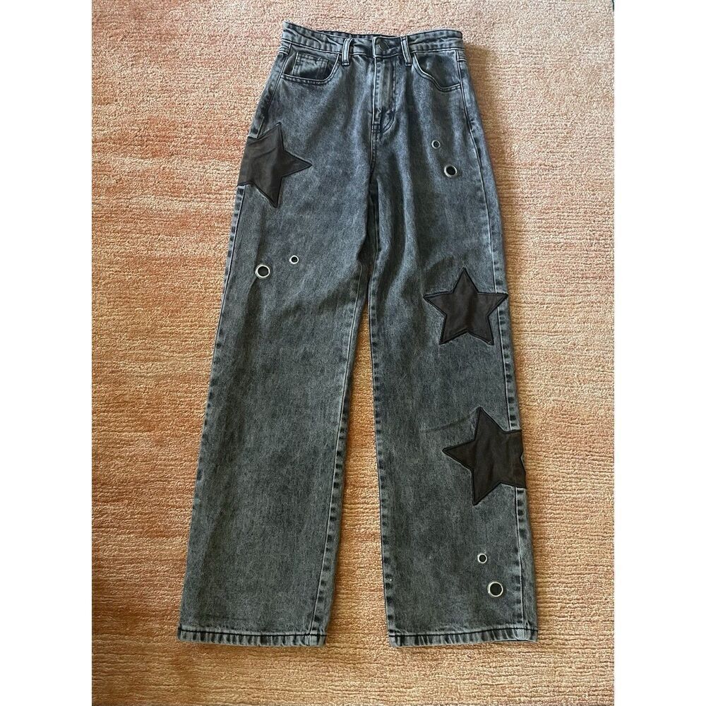 Daisy Street Star Patch Wide Leg Jeans Black Wash Grommet Detail Size US 3